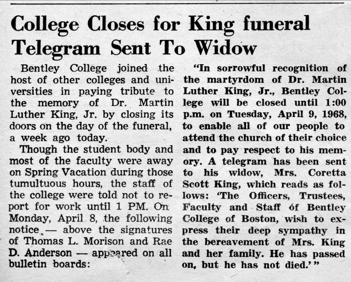Telegram sent to Coretta Scott King from Bentley President Thomas L. Morison