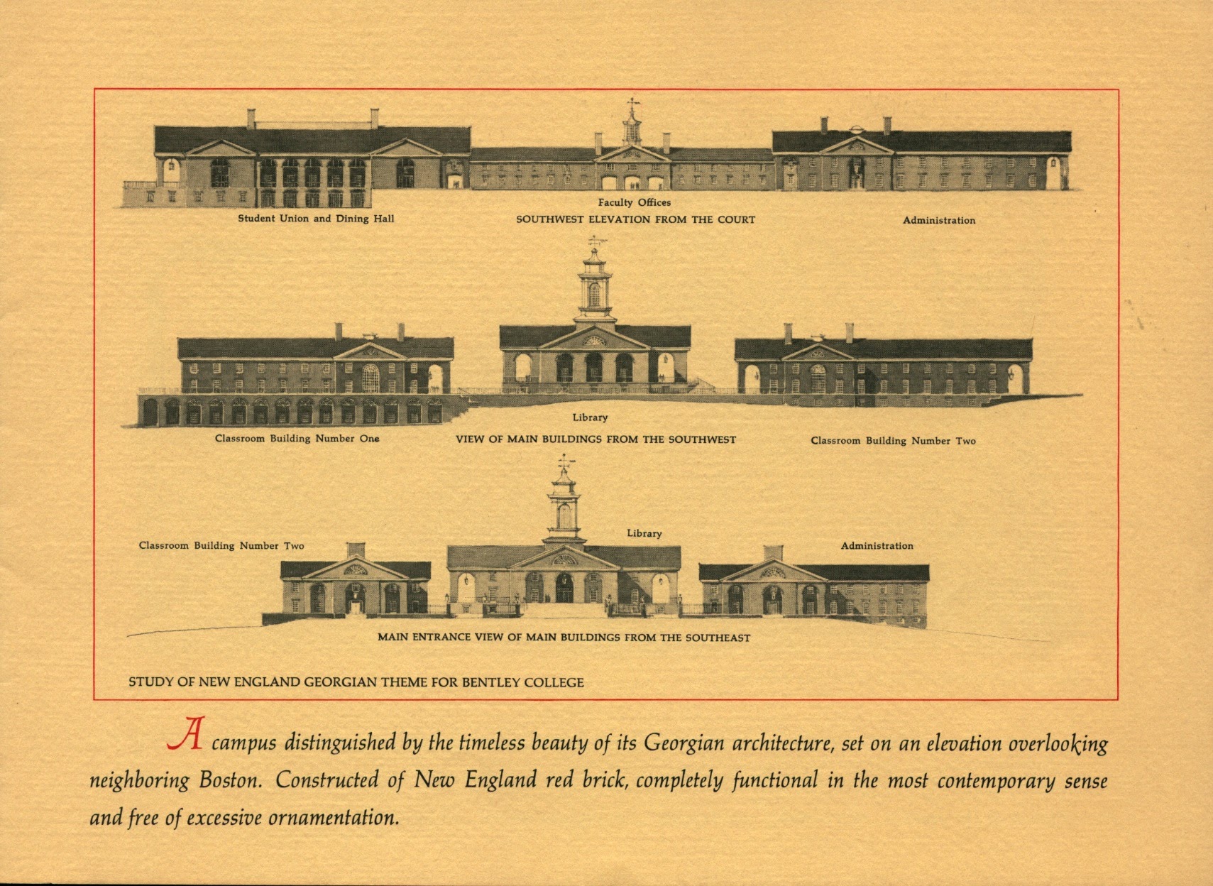 Promotional materials highlighting early Bentley campus architecture
