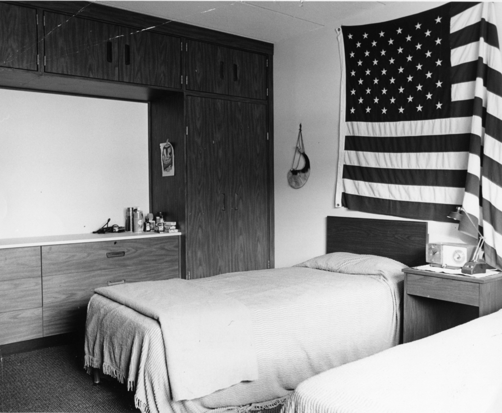 A typical dorm room on the Waltham campus, ca. early 1970s