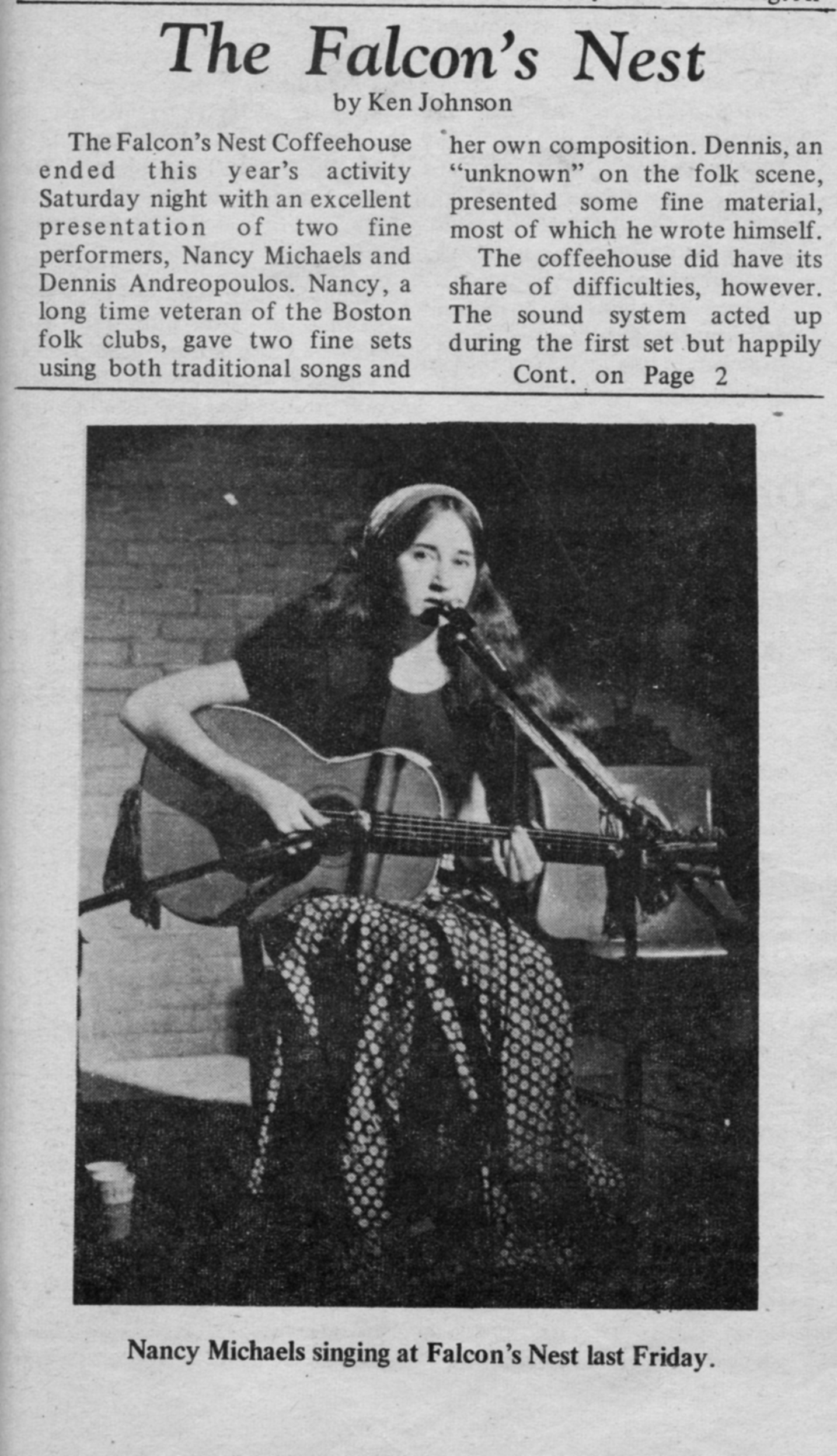 1971 campus newspaper article profiling the student-run Falcon’s Nest Coffeehouse